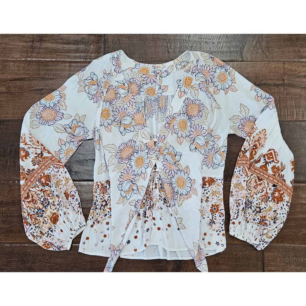 Free People Floral V-Neck Bohemian Style Whimsical Patchwork Blouse L
